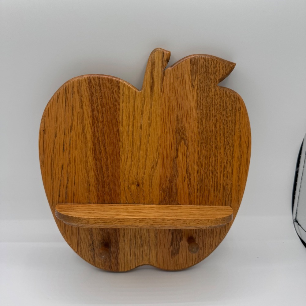 Vintage Oak Wood Apple Wall Shelf with Pegs Farmhouse Kitchen Decor 9.5in